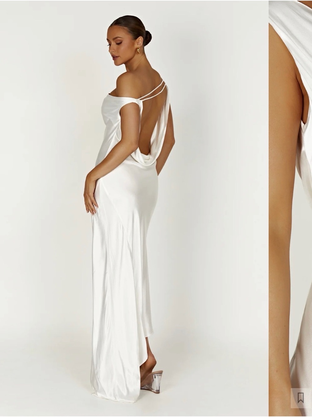 Meshki White Asymmetrical Cowl-Back Satin Gown